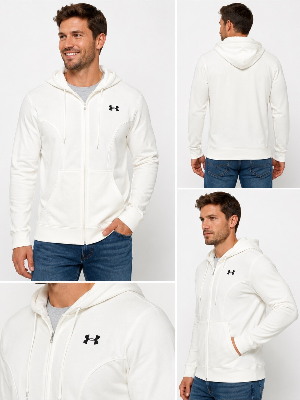 Under Armour Full Zip Hoodie White Men’s Medium Fleece Lined UA Sweatshirt